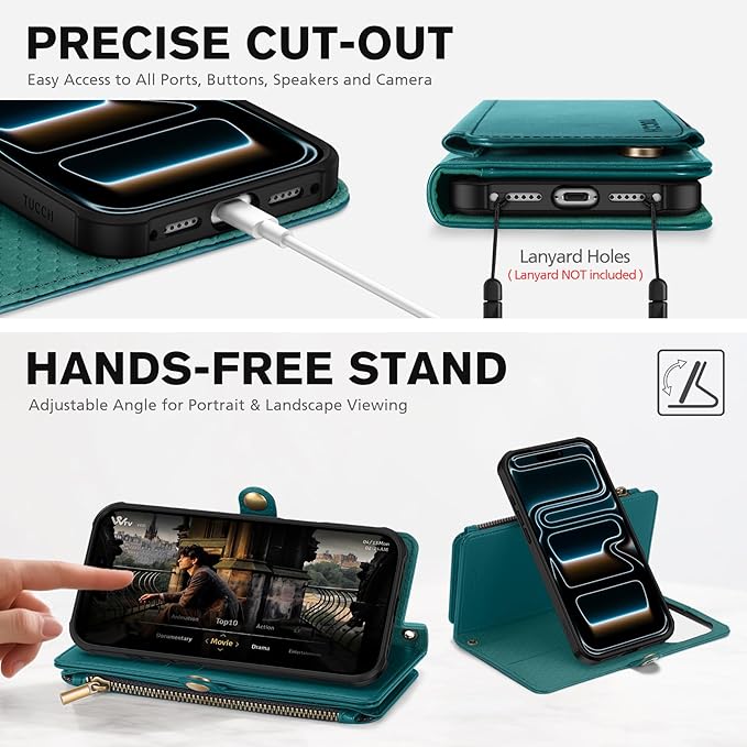 TUCCH Detachable Crossbody Wallet Case for iPhone 17 Pro (6.3"), 9 Card Holders RFID Blocking | Lanyard | Wrist Strap | Wireless Charging | Zipper Pocket | PU Leather | Stand Flip Cover | Bluish Green