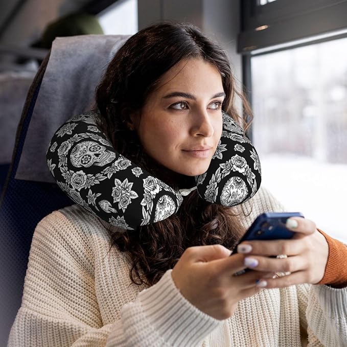 Travel Neck Pillows for Sleeping Rest Car Airplanes Black and White Floral Day of The Dead Mexican Sugar Skulls, Memory Foam with Removable Breathable Zipper Cover Washable for Men Women