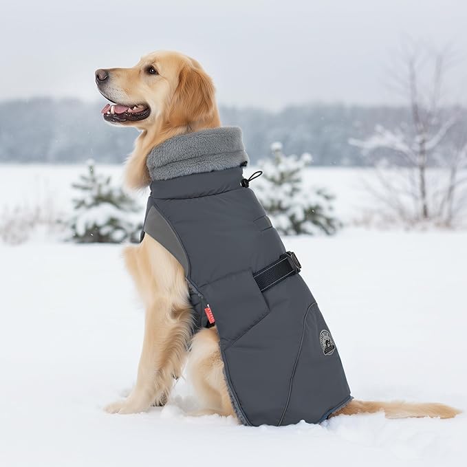 KYEESE Waterproof Dog Coat, Windproof Pet Jacket with Thick Fleece Lining, Extra Warm High Collar Dog Coats for Medium to Large Dogs with Leash Hole and Reflective Strips, Gray, XX-Large