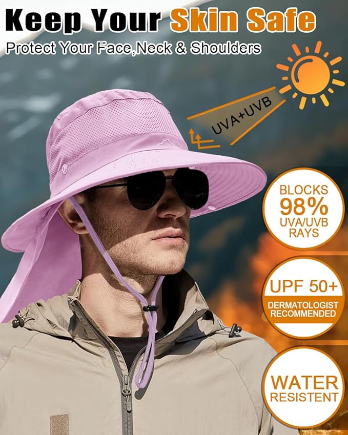 Outdoor Sun Hats with Stowable Neck Flap for Men Women UPF 50+ Mesh Summer Bucket Hat Wide Brim for Fishing Safari Hiking
