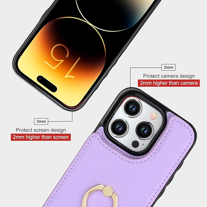 Folosu Compatible with iPhone 15 Pro Case Wallet with Card Holder, 360°Rotation Finger Ring Holder Kickstand, RFID Blocking Leather Protective Double Buttons Shockproof Cover 6.1 Inch Purple