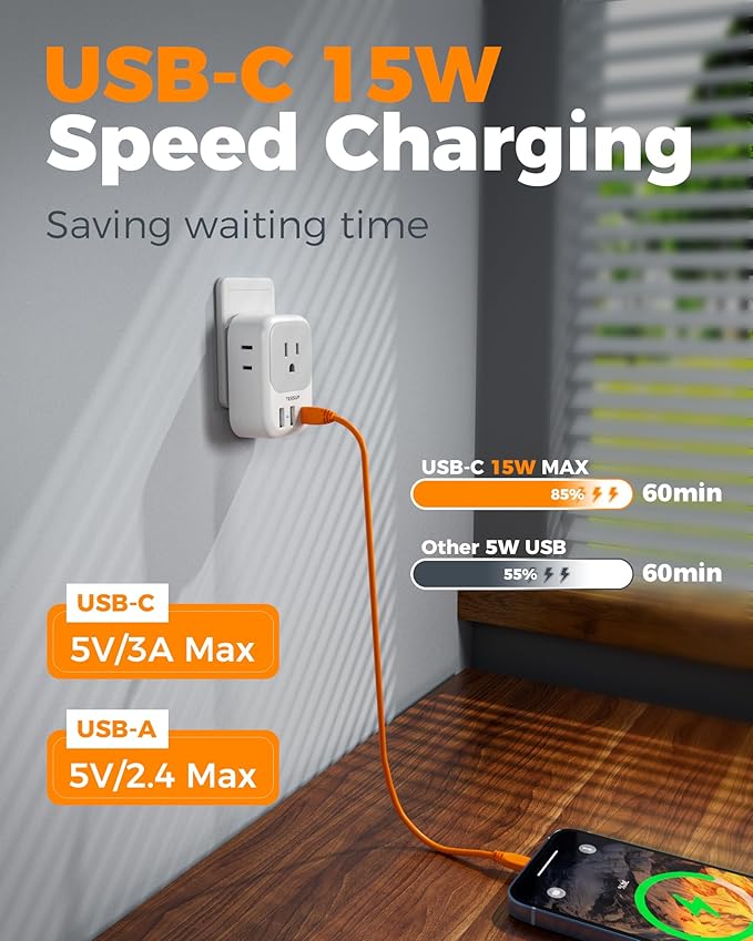 TESSAN Brazil Plug Adapter 2 Pack, 7 in 1 US to Brazil Power Adapter with 3 USB Ports (1 USB-C Port) 4 American Outlets, Type N Travel Adaptor for USA to Brazilian