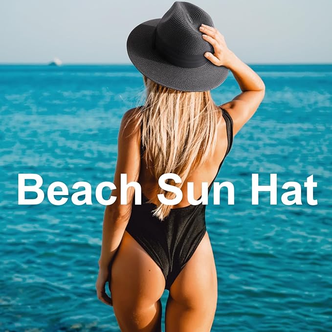 DRESHOW Women Straw Panama Hat Travel Fedora Beach Sun Hat Summer Wide Brim Straw Roll up Hat UPF 50+