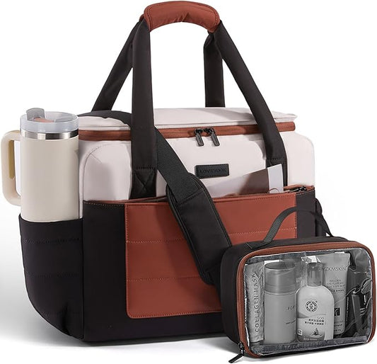 LOVEVOOK Weekender Bags for Women,Carry on Duffle Bag for Travel, Water-resistant Gym Bag with Wet Pocket,Overnight Travel Bags(Black White Brown, L)