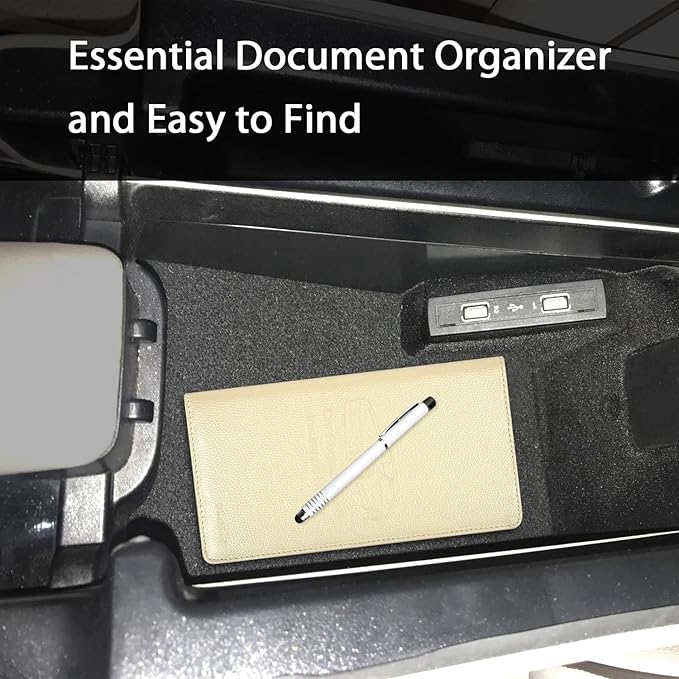 Car Insurance and Registration Holder, 9.5 x 5 Inch PU Leather Vehicle Glove Box Organizer Wallet Case for Insurance Card, Driver License, Paperwork - Champagne