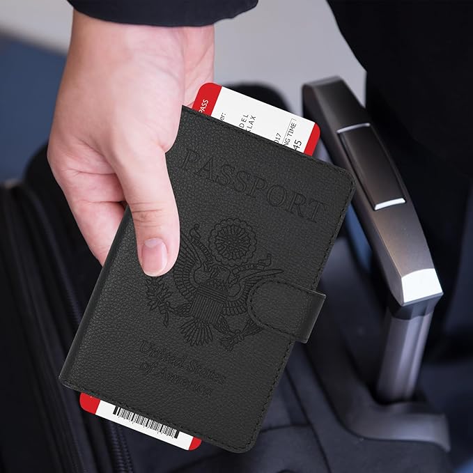 RSAquar Passport Holder for Women and Men, Premium PU Leather Travel Passport Wallet RFID Blocking Passport Cover Travel Documents Organizer (JD-Black)