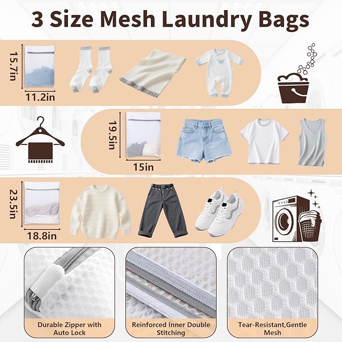 Laundry Bag Backpack with 3 Sizes Mesh Wash Bags and Shoulder Straps Foldable Clothes Hamper Bag with Drawstring Closure for College, Apartment, Laundromat (Brown)