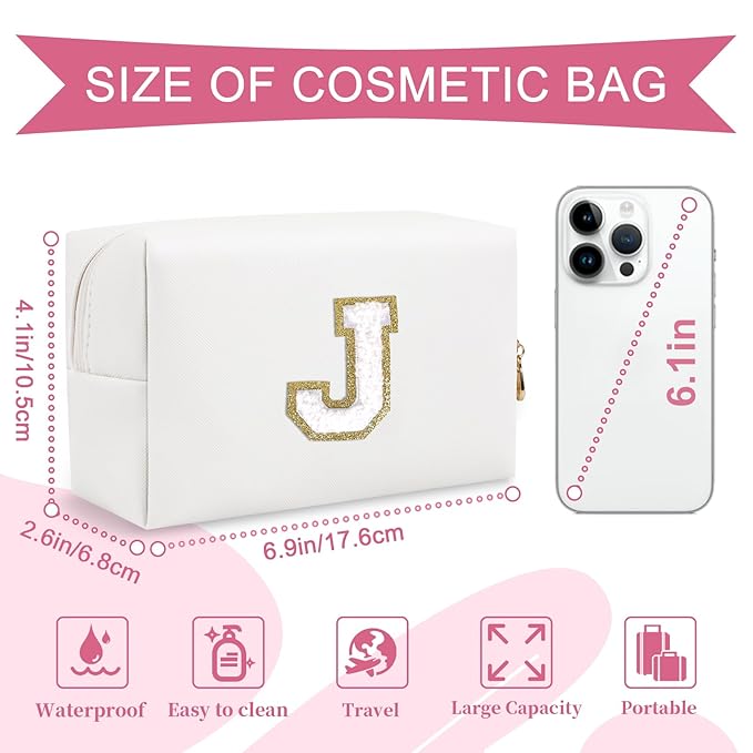 Small Personalized Initial A-Z Preppy Patch Makeup Bag,White PU Chenille Letter Travel Cosmetic Pouch with Zipper,Cute Toiletry Bag,Gift Ideal for Teen Girls Women Teacher Bridesmaid,Letter J