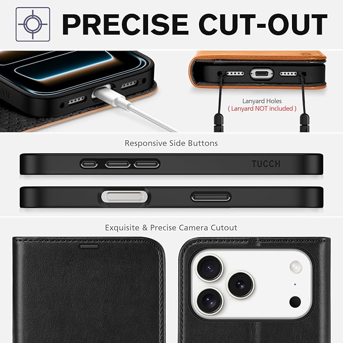 TUCCH Wallet Case for iPhone 17 Pro Max (6.9") 2025, RFID Blocking 4 Card Slots, Kickstand, Shockproof TPU Shell, PU Leather, Magnetic Closure, Protective Flip Folio Cover, Black & Brown