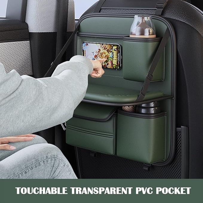 Car Backseat Organizer with Foldable Table Tray,Hanging Storage Bag with Touch Screen Phone Holder,Premium PU Leather Material,Compatible with Most Vehicles,Inner Car Accessories