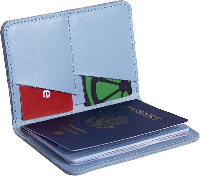 INCARNE US Passport Cover Clear - Travel Passport Wallet - Leather Passport Holder for Women Men Family with Card Slots & Note Compartmen - Sleeve Protector - Genuine Leather - Classic Light Blue