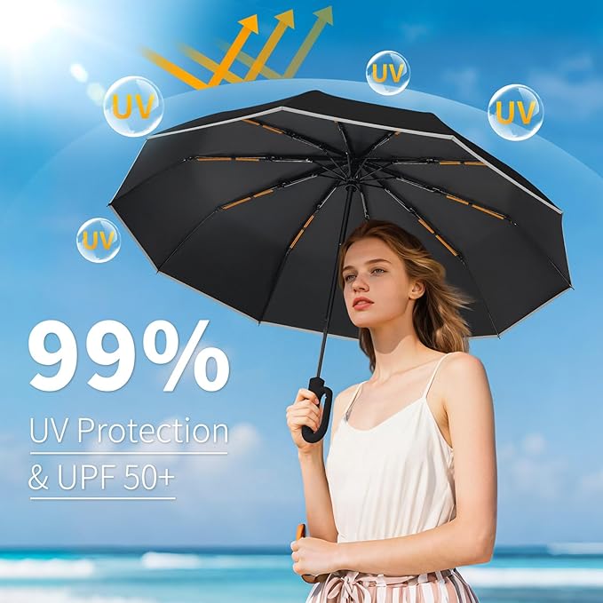 Seniny Travel Umbrella with Carabiner Handle, Windproof Large Umbrellas for Rain with Dual-Rib Structure, Portable Compact Umbrella with Reflective Strip, Car Backpack UV Umbrellas for Sun Protection