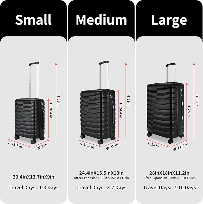 Lightweight Luggage with Spinner Wheels & YKK Zipper, Hard Shell 3-Piece Suitcase ABS+PC Hardside Luggage Set with TSA Lock for Men Travel, Black (20+24+28 inch)