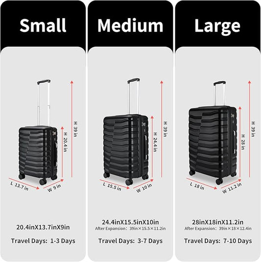 Lightweight Luggage with Spinner Wheels & YKK Zipper, Hard Shell 3-Piece Suitcase ABS+PC Hardside Luggage Set with TSA Lock for Men Travel, Black (20+24+28 inch)