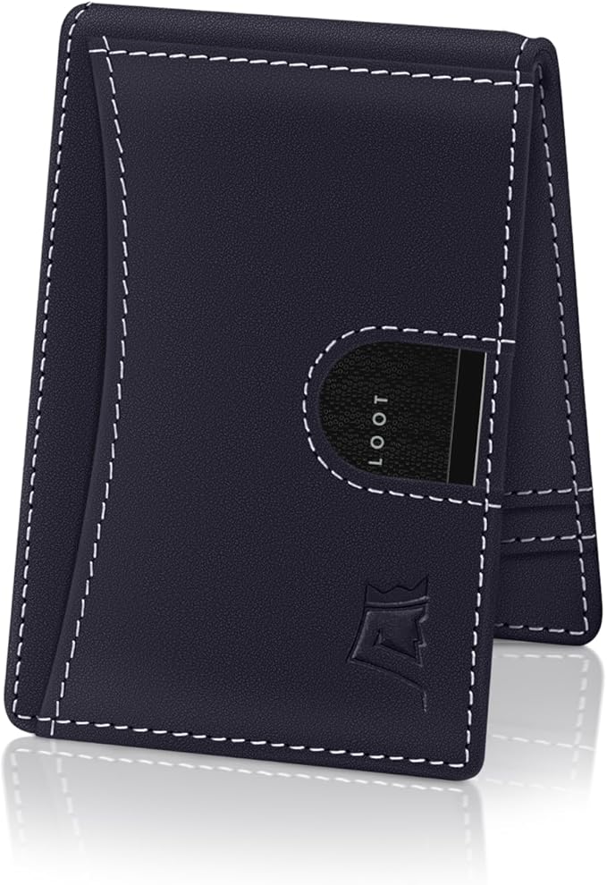 Kings Loot Money Clip Slim Minimalist Wallet for Men – RFID Blocking Leather Design with Money Clip – Front Pocket Bifold Holds 12 Cards – Stylish & Compact Wallets (Blue)