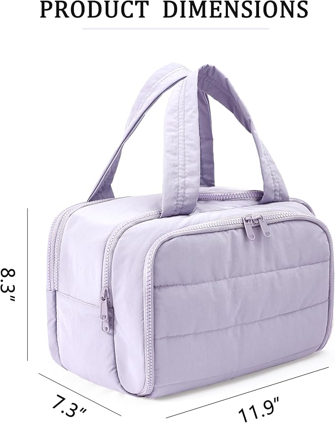 Travel Toiletry Bag for Women, Large Wide-open Puffy Cosmetic Makeup Bag with Wet-Dry Separation, Multi-Pocket Organizer with Carry Handle for Toiletries, Cosmetics, Essentials, Light Purple