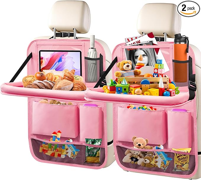 2Pack Car Backseat Organizer with Foldable Table Tray,6 Storage Pockets Car Storage Organizer with Tablet Holder,Car Seat Back Protectors Kick Mats Travel Accessories (Pink)