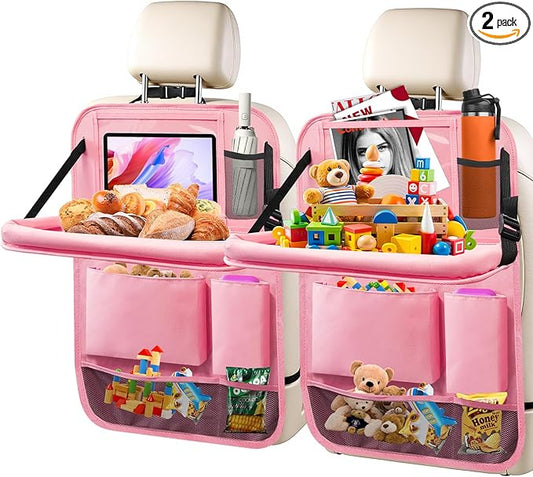 2Pack Car Backseat Organizer with Foldable Table Tray,6 Storage Pockets Car Storage Organizer with Tablet Holder,Car Seat Back Protectors Kick Mats Travel Accessories (Pink)