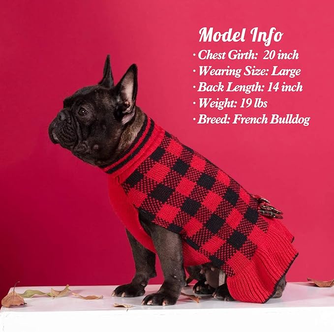 KYEESE Dog Christmas Sweater Dress with Bowtie Checkered, Turtleneck Dog Sweater for Small Dogs Girl with Leash Hole, Holiday Warm Pet Sweaters Dress, Red, Medium