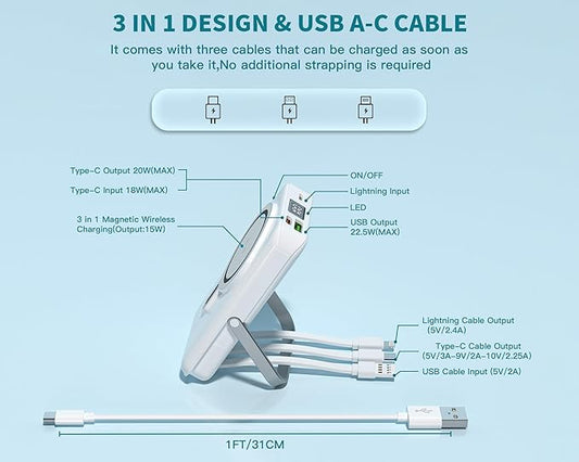 Magnetic Portable Charger Bank Built-in Cables,10000mAh USBC Power Bank 22.5W MAX Battery Pack Magnet Charger Protable Powerbank Fast Charging for Apple iPhone 17/16/15/14/13/12 Series,Samsung S25/S24