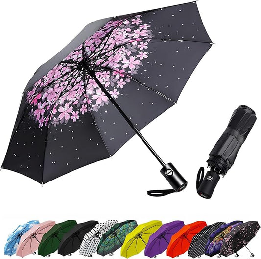SIEPASA Compact Travel Umbrella - Windproof Auto Open/Close, Lightweight Folding Umbrella wIth Fiberglass Frame & Waterproof Canopy. Fits Backpack/Purse. (Pink Cherry Blossom)