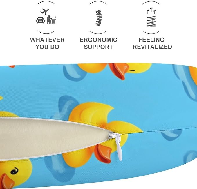Breathable Memory Foam Neck Pillow, Cute Funny Yellow Duck Rubber Ducky Sky Blue U-Shaped, Head Support U-Shape Compact for Airplane Train Travel, Machine Washable Cover
