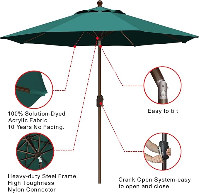 EliteShade USA 10-Year-Non-Fading 9Ft Market Umbrella Patio Umbrella Outdoor Table Umbrella with Ventilation, Forest Green