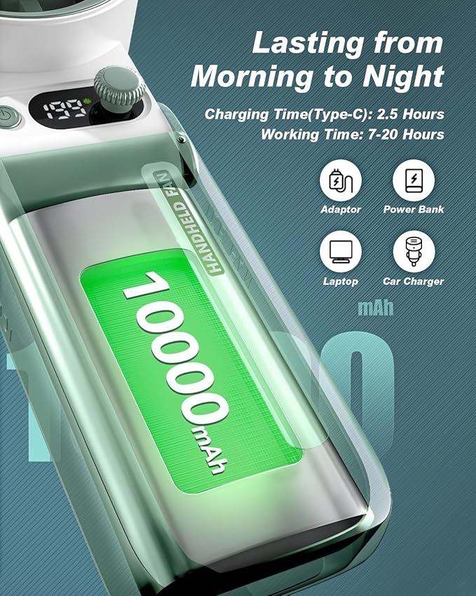 Portable Handheld Cooling Fan Rechargeable 10000mAh, Foldable Powerful Winds Mini Turbo Fans, 199 Speed, Digital Display for Travel Camping Outdoor