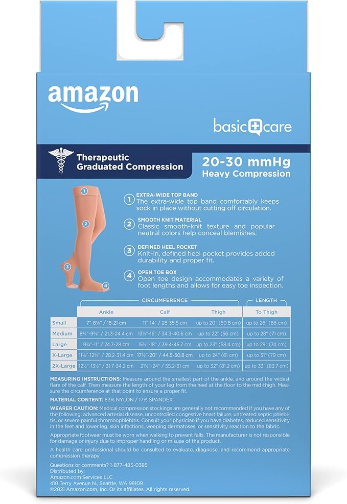 Amazon Basic Care Medical Compression Stockings, 20-30 mmHg Support, Women & Men Thigh Length Hose, Open Toe, Beige, Large (Previously NuVein)
