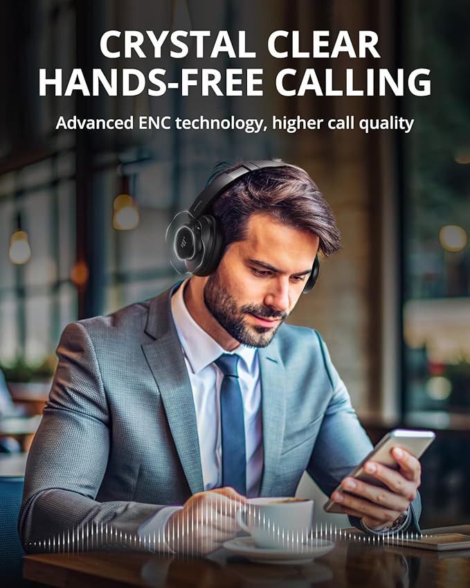 Tronsmart Q20S Hybrid Active Noise Cancelling Headphones, Wireless Over Ear Headphones with Mic, Hi-Res Audio, 60H Playtime, Deep Bass Custom EQ via App, Comfort Fit, for Travel Home Office