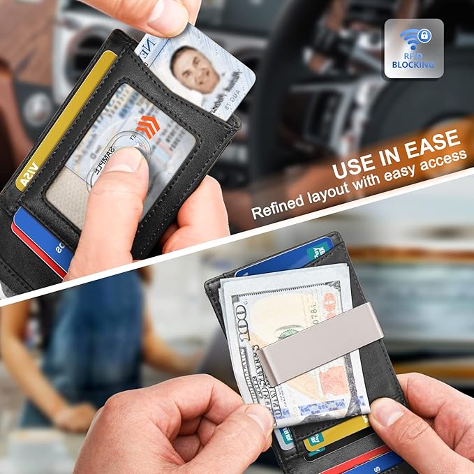 KS Mens Wallet Gift Airtag or Standard Use,Slim Front Pocket Leather Wallet Money Clip 11 cards RFID Blocking