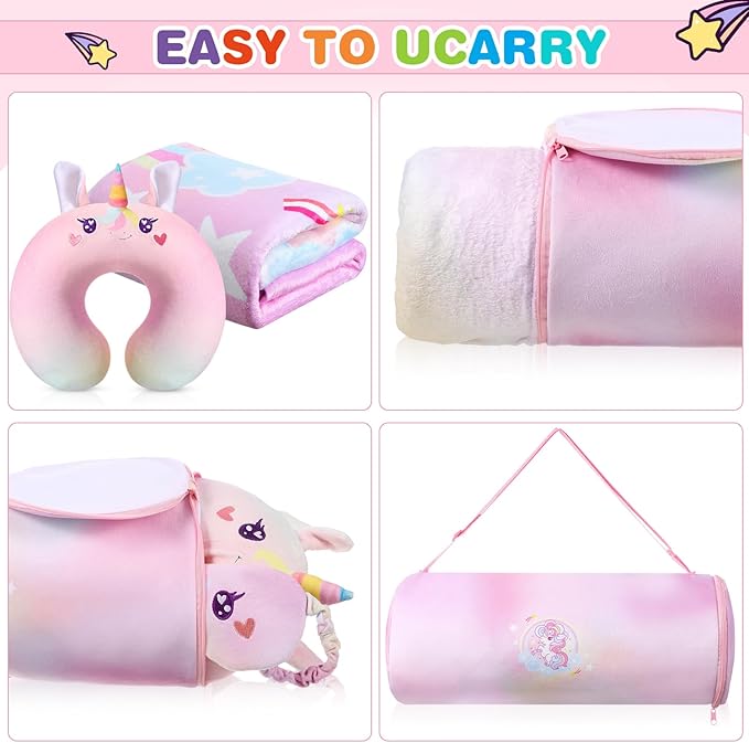 4 Pcs Unicorn Travel Pillow and Blanket Set for Kids Airplane Blanket Memory Foam Neck Pillow Eye Mask Pink Storage Bag Kids Travel Gifts for Girl Airplane Car Trip Sleeping Home Use