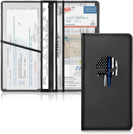 Leather Car Registration and Insurance Cards Holder, Vehicle Glove Box Car Organizer Documents License Compatible with American Skull Flag Auto Interior Accessories (FOR American Skull Flag B)