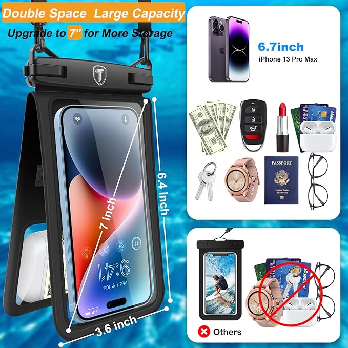 Takfox Double Space Waterproof Phone Pouch [2-Pack], Dual Large Cellphone Dry Bag Case for Samsung Galaxy S25 Ultra S24 S23 S22 A16 A15 A14 A36 iPhone 16 Pro Max Fit All Phones Up to 7"-Black/Black