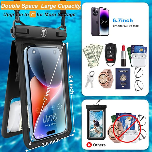 Takfox Double Space Waterproof Phone Pouch [2-Pack], Dual Large Cellphone Dry Bag Case for Samsung Galaxy S25 Ultra S24 S23 S22 A16 A15 A14 A36 iPhone 16 Pro Max Fit All Phones Up to 7"-Black/Black