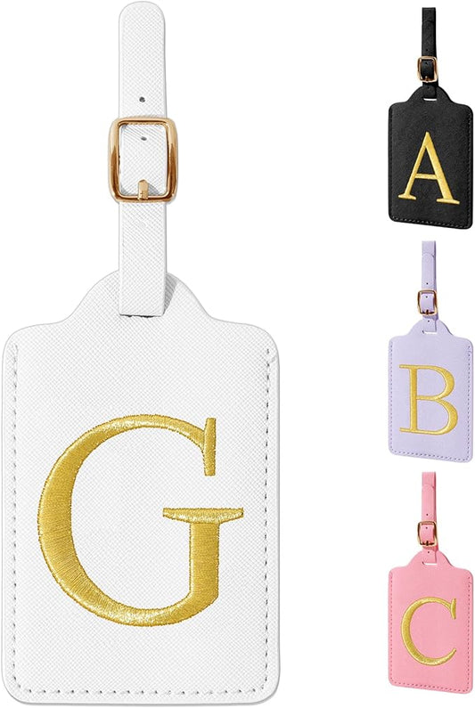 Personalized Initial Luggage Tags for Suitcase TSA Approved, White Leather Cute Luggage Tag with Privacy Cover Name Card, Embroidered Custom Luggage Tags Travel Baggage Tags Gifts for Women Kids(G)