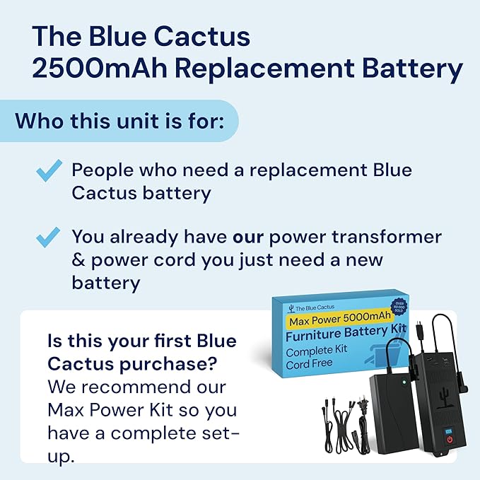 The Blue Cactus Company Battery Pack for Reclining Furniture - 2500mAh, 2-Pin Connector - LCD Display for Recliner Chair - Portable Power Supply - Cord-Free Floors