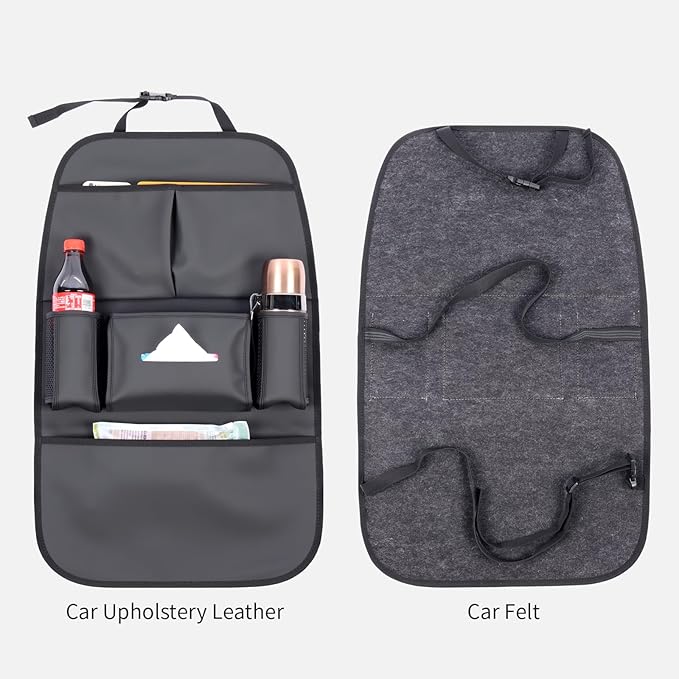 Car Backseat Organizer for Kids, Car Back Seat Storage Bag With 3 Pockets, 2 Drinks Holders, Water Resistant, Kids Toy Storage Kick Mat Back Seat Protector for Toddlers (Black 1-Pack)