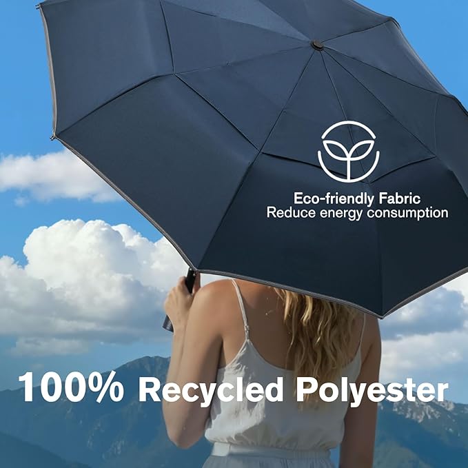 G4Free 42 Inch Eco Windproof Folding Umbrella for Rain & Sun 9 Ribs Wind Resistant Strong Fiberglass Double Canopy with Reflective Strip for Women Men Auto Open Close For Car & Backpack