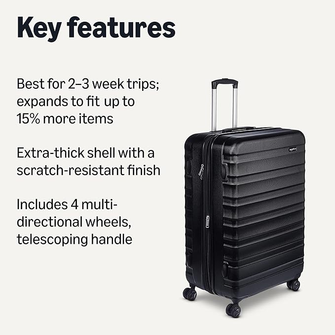 Amazon Basics 30" Hardside Large Checked Luggage, Hardshell Suitcase With Wheels, Expandable For Up to 15% More Space, With Scratch-Resistant Surface, Four Multi-directional Wheels, Black