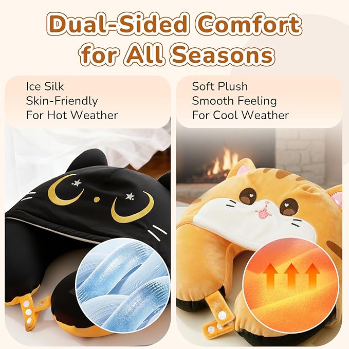 Certified to ASTM & CPSIA Standards–Kids Travel Neck Pillow with Hood,Memory Foam Airplane Pillow,Double-Sided, Cute Design, Cooling Ice Silk & Soft Plush, Adjustable, Portable & Washable for Flights