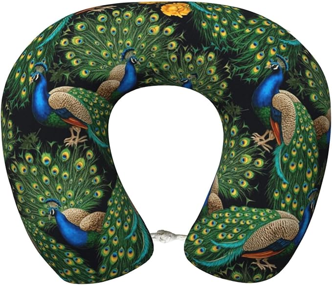 Travel Neck Pillows for Sleeping Rest Car Airplanes Peacock Art, Memory Foam with Removable Breathable Zipper Cover Washable for Men Women