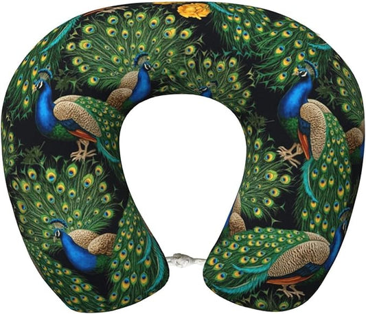 Travel Neck Pillows for Sleeping Rest Car Airplanes Peacock Art, Memory Foam with Removable Breathable Zipper Cover Washable for Men Women