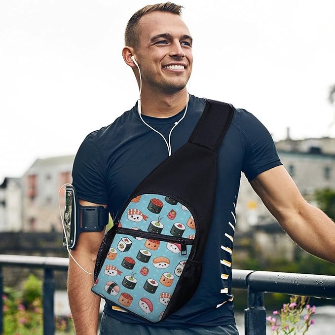 SWEET TANG Polyester Shoulder Sling Bag Multipurpose Casual Sport Daypack Unbalance Backpack with Small Pocket and Smooth Zipper, Blue Sushi