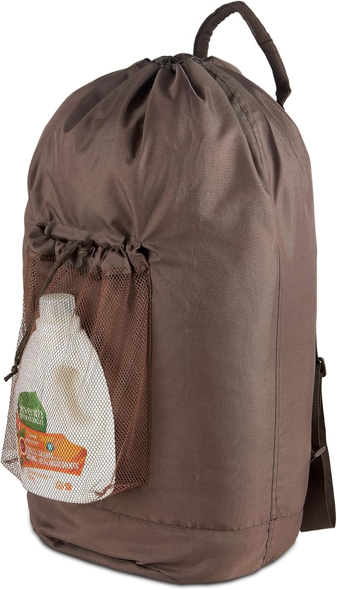 Large Laundry Backpack Bag with Detergent Holder and Adjustable Shoulder Straps, Clothes Laundry Backpack for College, Travel, Apartment, Laundromat, Dorm Room (Brown)