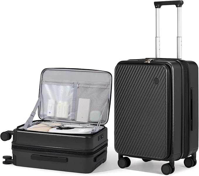 mixi 20 Inch Expandable Carry On Luggage PC Hard Shell Suitcase Top Opening Rolling Travel Suitcases with Spinner Wheels & TSA Lock, Black