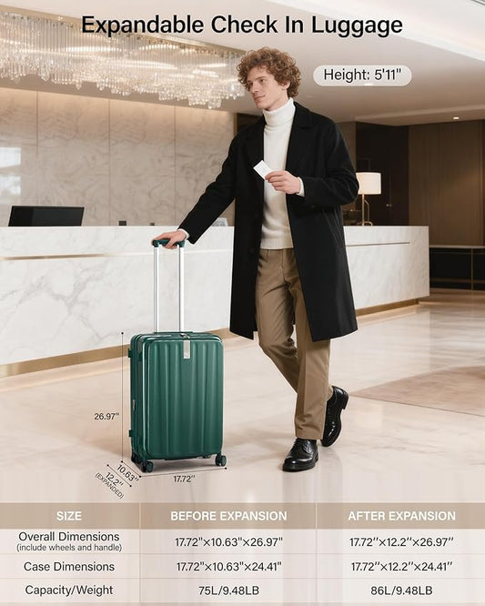 Hanke 24 Inch Expandable Luggage Top Opening Checked Bag Luggage Hard Shell Suitcases with Wheels Lightweight Travel Luggage Medium Suitcase with Lock for Woman Men-Blackish Green