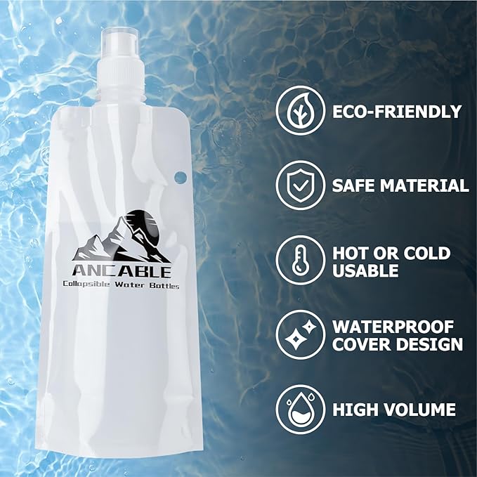 17oz Collapsible Water Bottles, 6-Pack Reusable Travel Foldable Water Bottles for Hiking Camping Running Bike, BPA-Free Water Bottle, White