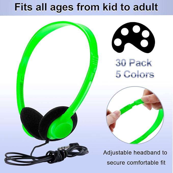 Yunsailing 30 Pack Bulk Headphones Set Over Ear Headphones with Adjustable Headband 3.5mm Plug Headsets Earphones for Learning Program, Computer Lab, Library, Testing & Multimedia Use (Light Color)