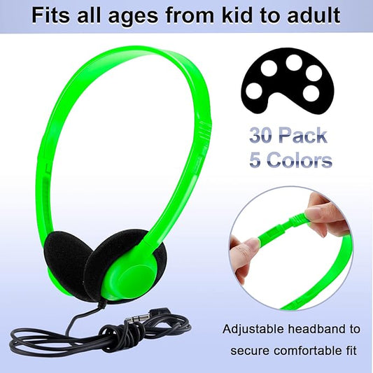 Yunsailing 30 Pack Bulk Headphones Set Over Ear Headphones with Adjustable Headband 3.5mm Plug Headsets Earphones for Learning Program, Computer Lab, Library, Testing & Multimedia Use (Light Color)